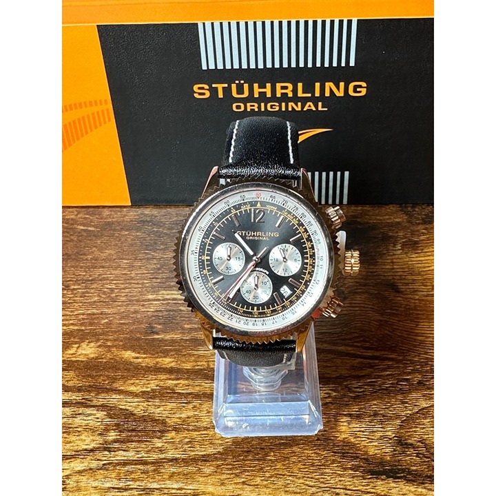 STUHRLING Monaco Men's Watch Rose Gold Black Leather BRAND NEW IN BOX