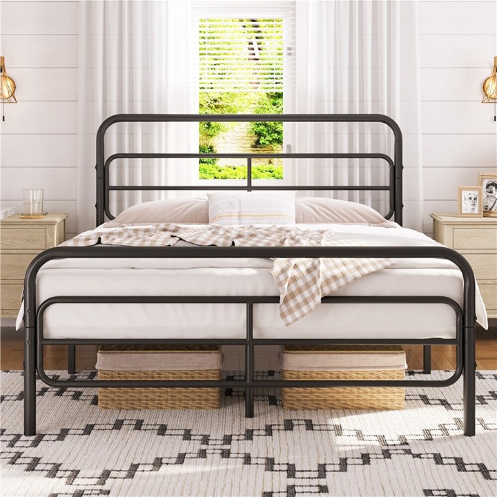 Modern Metal Bed Frame Platform Bed Frame with Geometric Pattern Headboard
