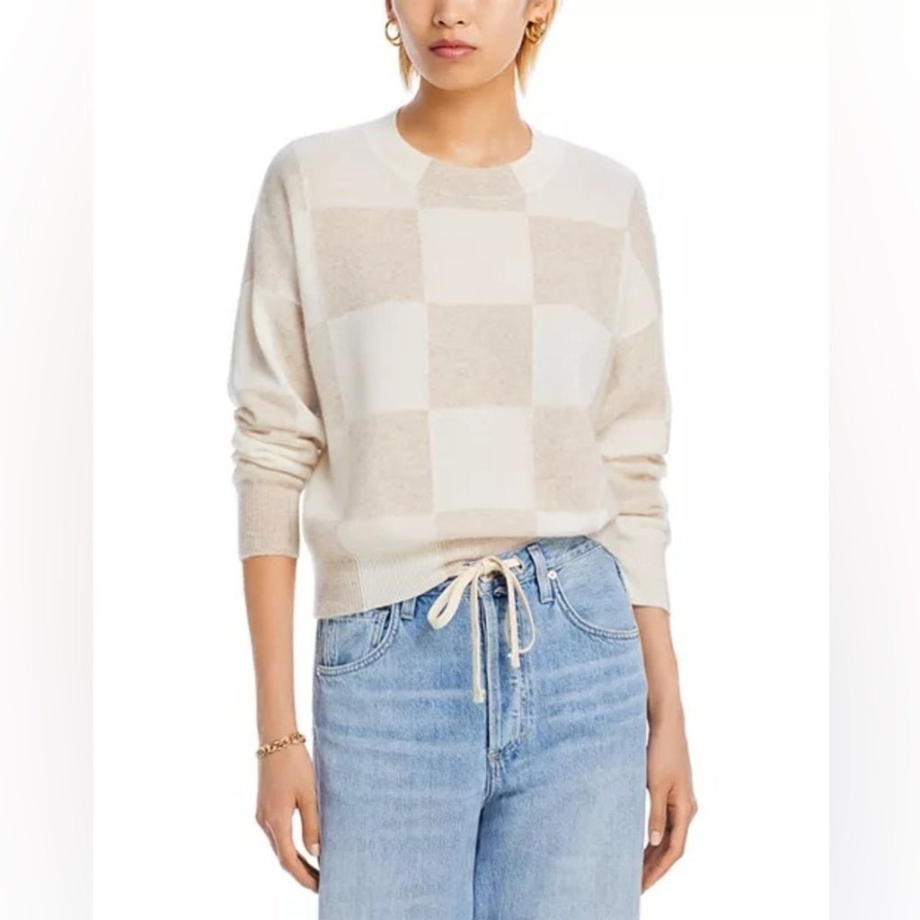 Aqua Brushed Cashmere Sweater Checked Pattern Relaxed Fit Beige & Ivory S NWT