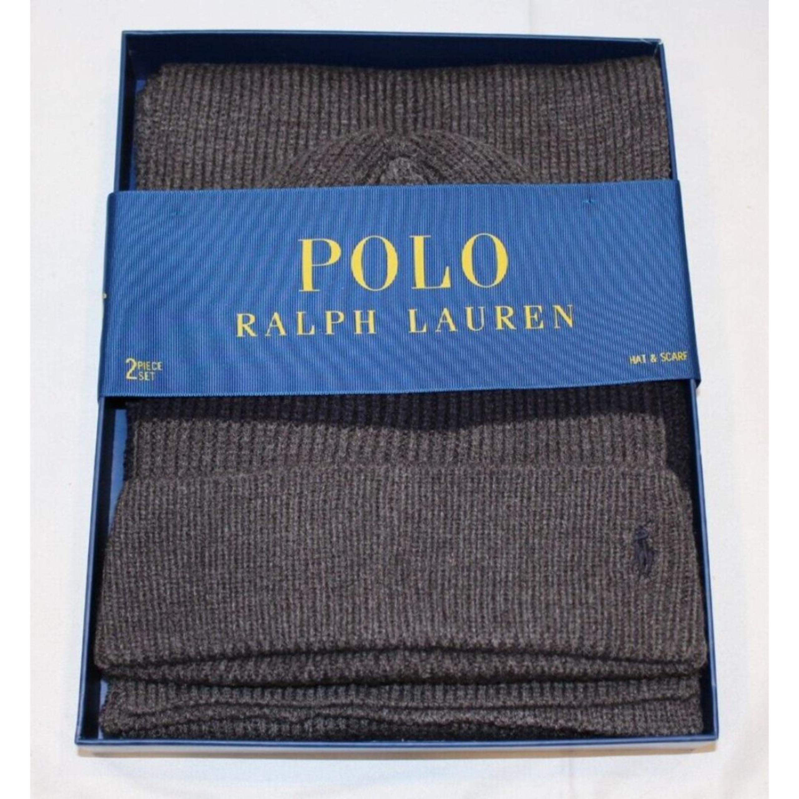 Polo Ralph Lauren Mens Hat Scarf 2 Piece Box Set One Size Gray with Navy Stripe
