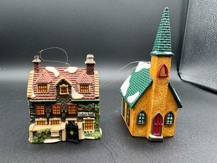 Pair of DEPARTMENT 56 Dickens Village Ornaments: Dedlock Arms &Green Church Mint