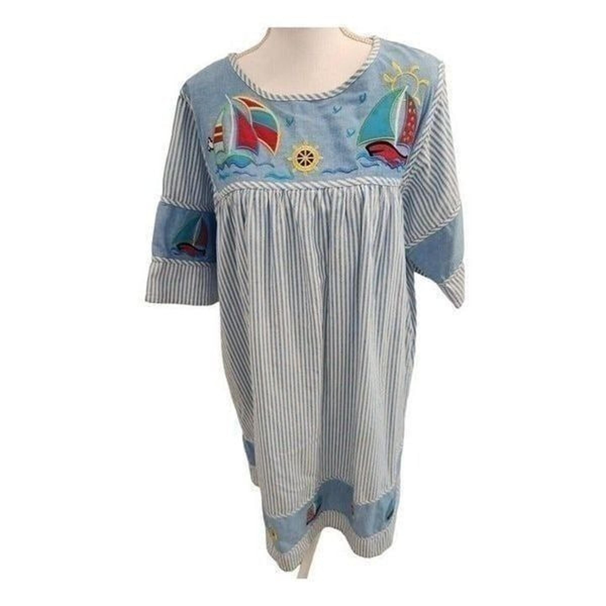 Comfort Choice Vintage Sailboat Scene Blue MuuMuu Dress Size Large