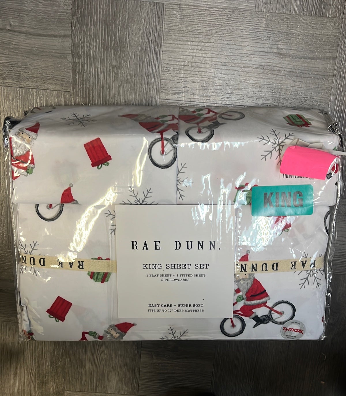 Rae Dunn Santa Riding bike Christmas KING Sheet Set