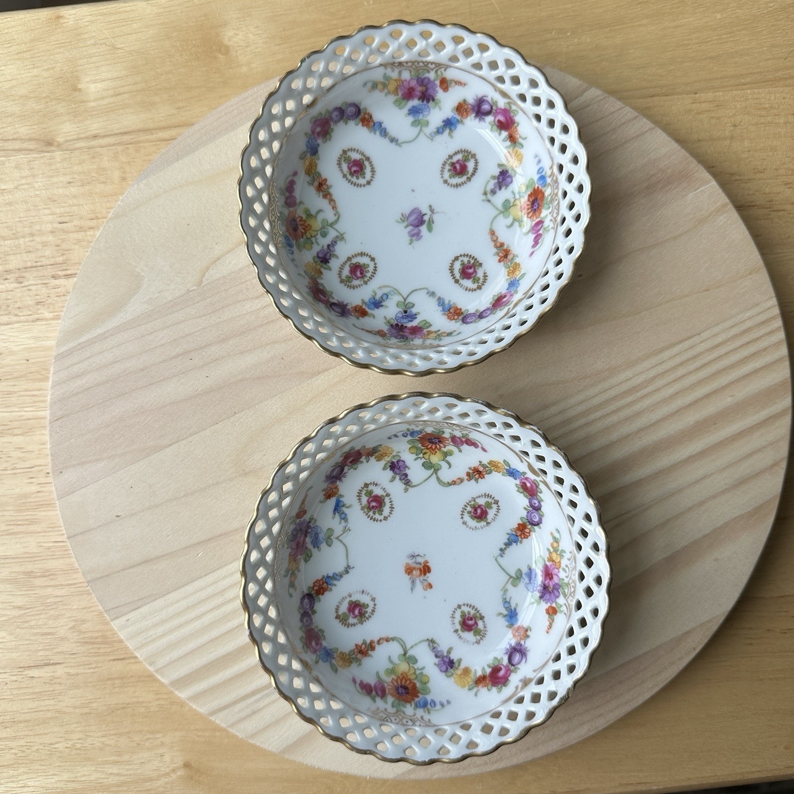 Vintage Schumann Bavaria Dresden Gilt Bowl Hand Painted Floral 5 Round Set Of 2