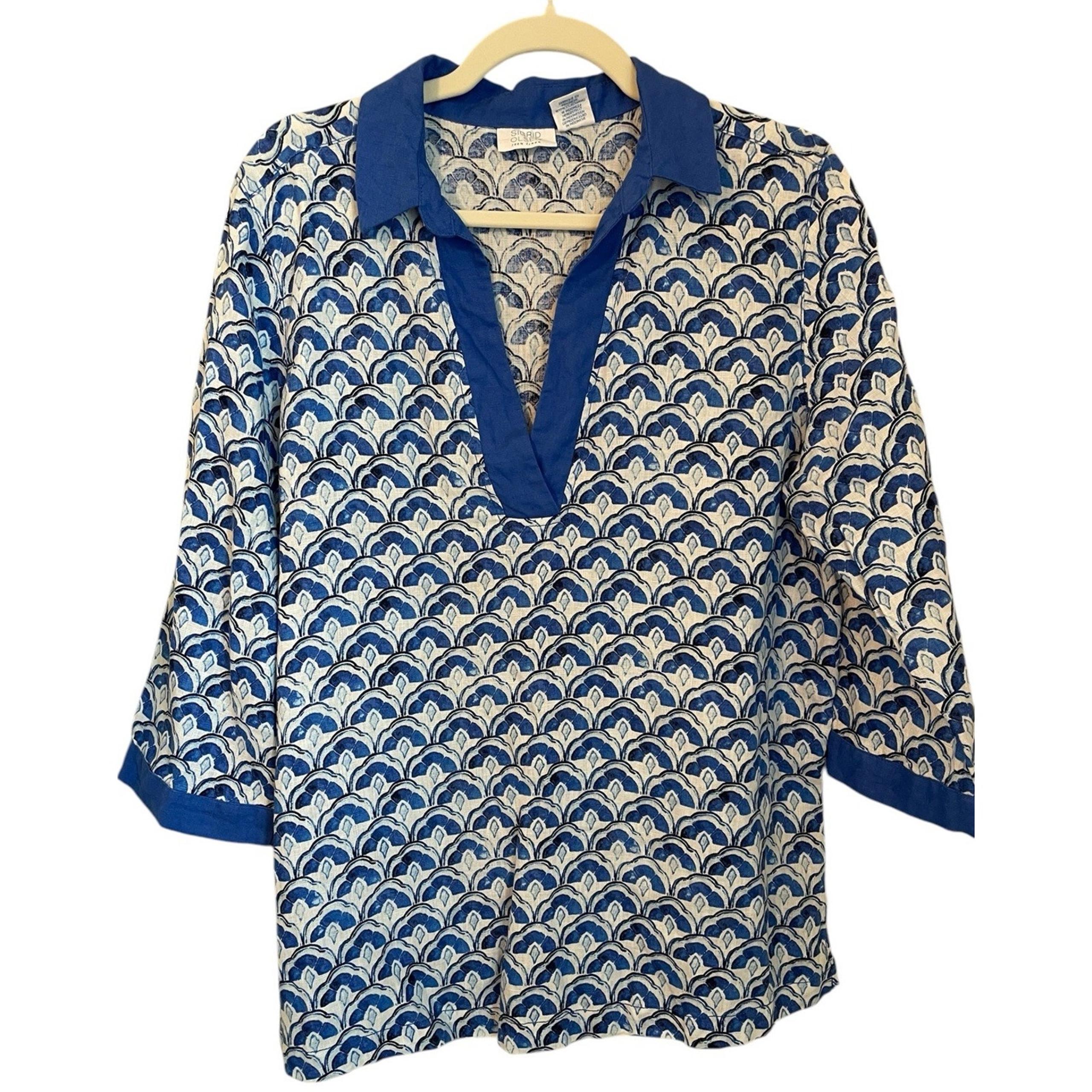 Sigrid Olsen Women's Size L 100% Linen Popover Tunic Top Blue White Block Print
