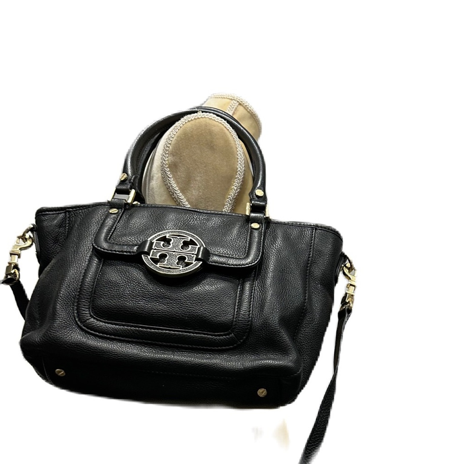 Tory Burch Pebble Black Leather Top Handle Satchel Crossbody Strap