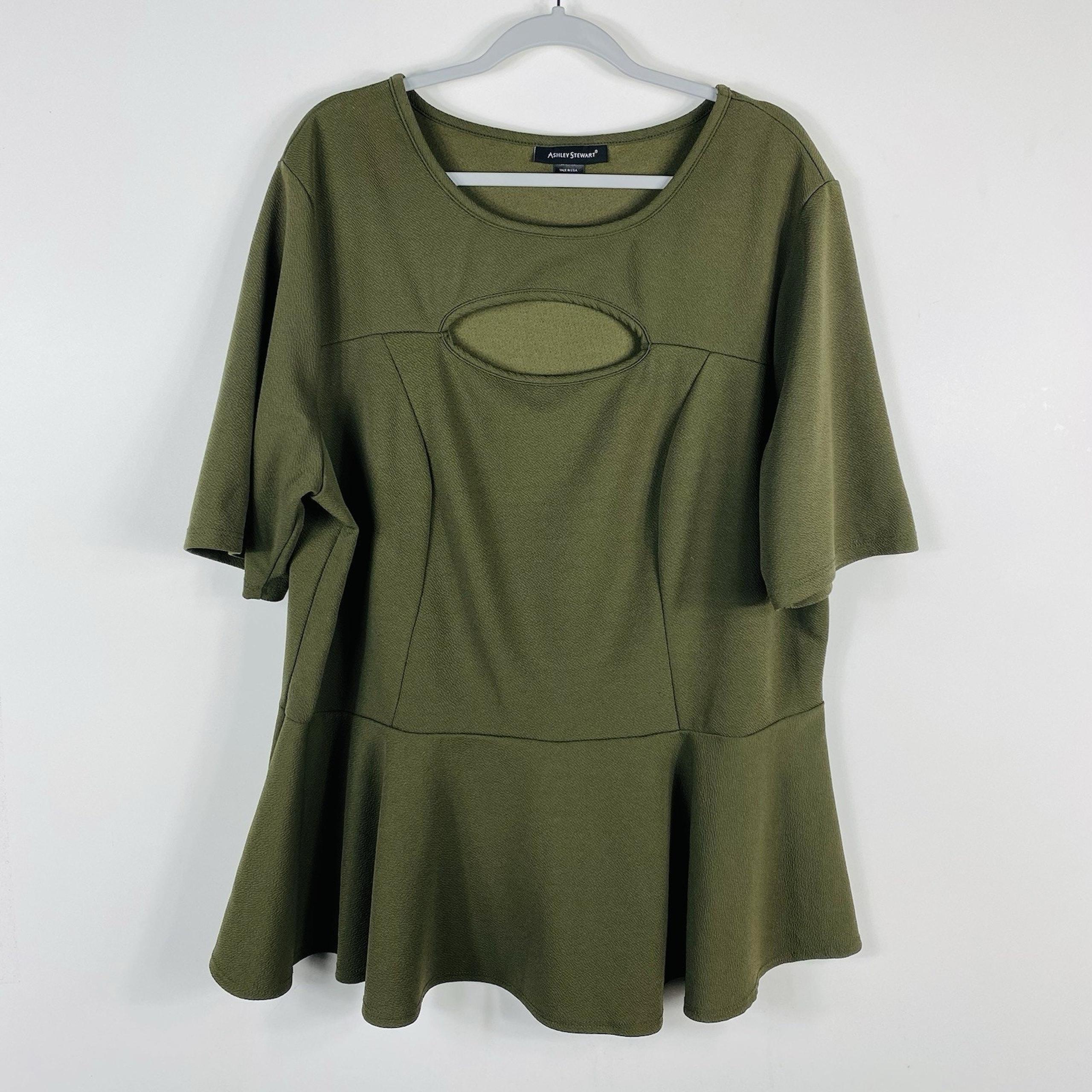 Ashley Stewart Plus Size 26 28 Cutout Peplum Top Green Short Sleeve
