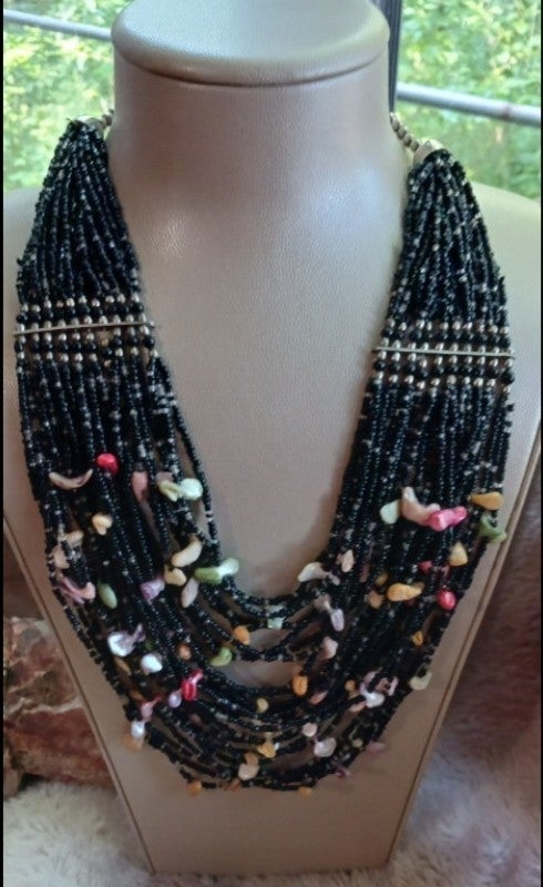 Navajo Vintage 1970s Sterling Silver Black Seed Beads Multi Strand Necklace