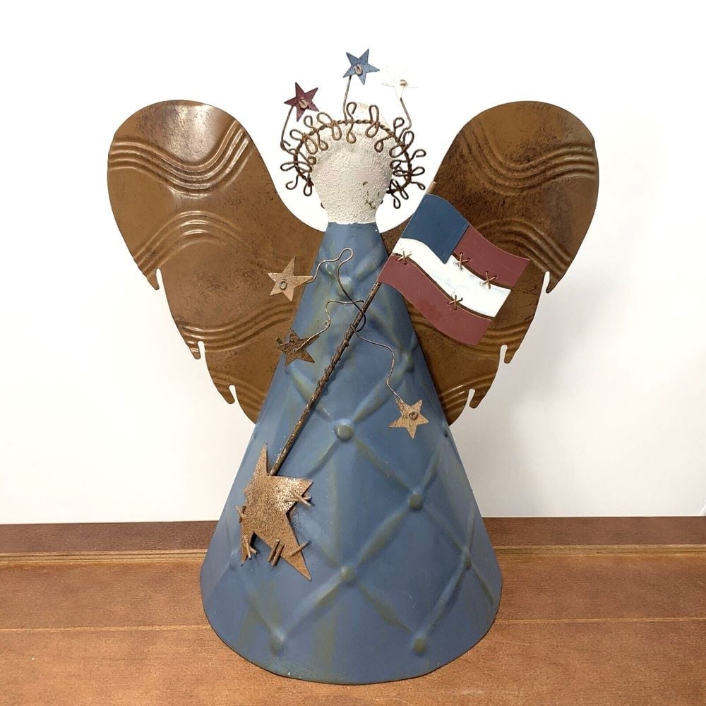 Vintage Metal 11 Tall Patriotic USA Flag Angel Wall Hanging Decor Rustic Art