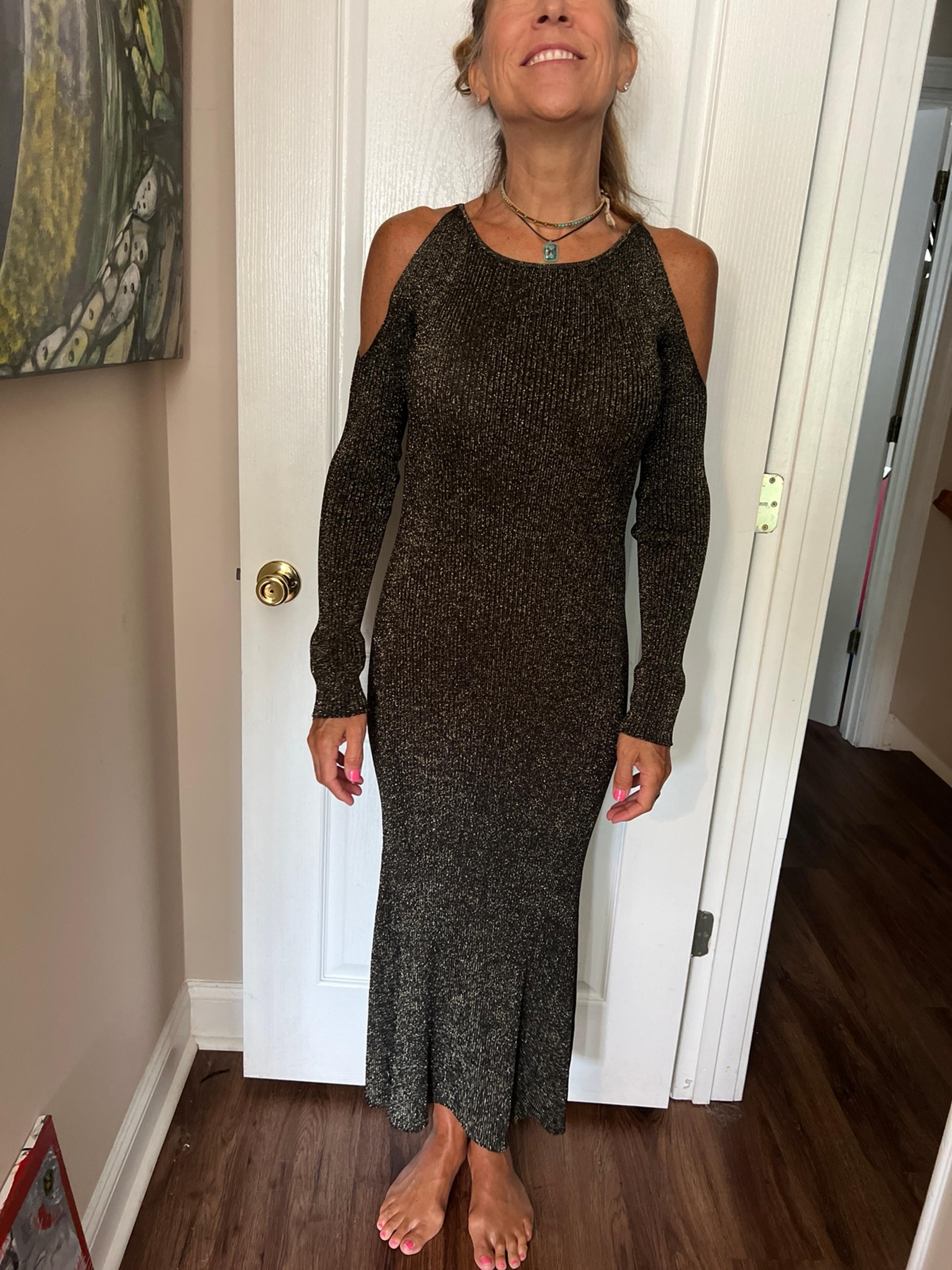 St John Knit Cold shoulder shimmer gold and black stretch gown
