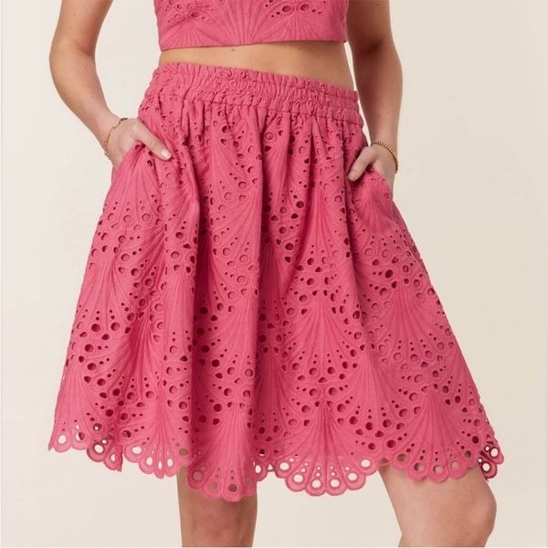 Andie The Mona Eyelet Skirt Rosette Pink Size L NWT summer beach feminine