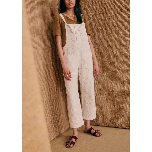 Sezane Brian Embroidered Cotton-Blend White Overall Jumpsuit