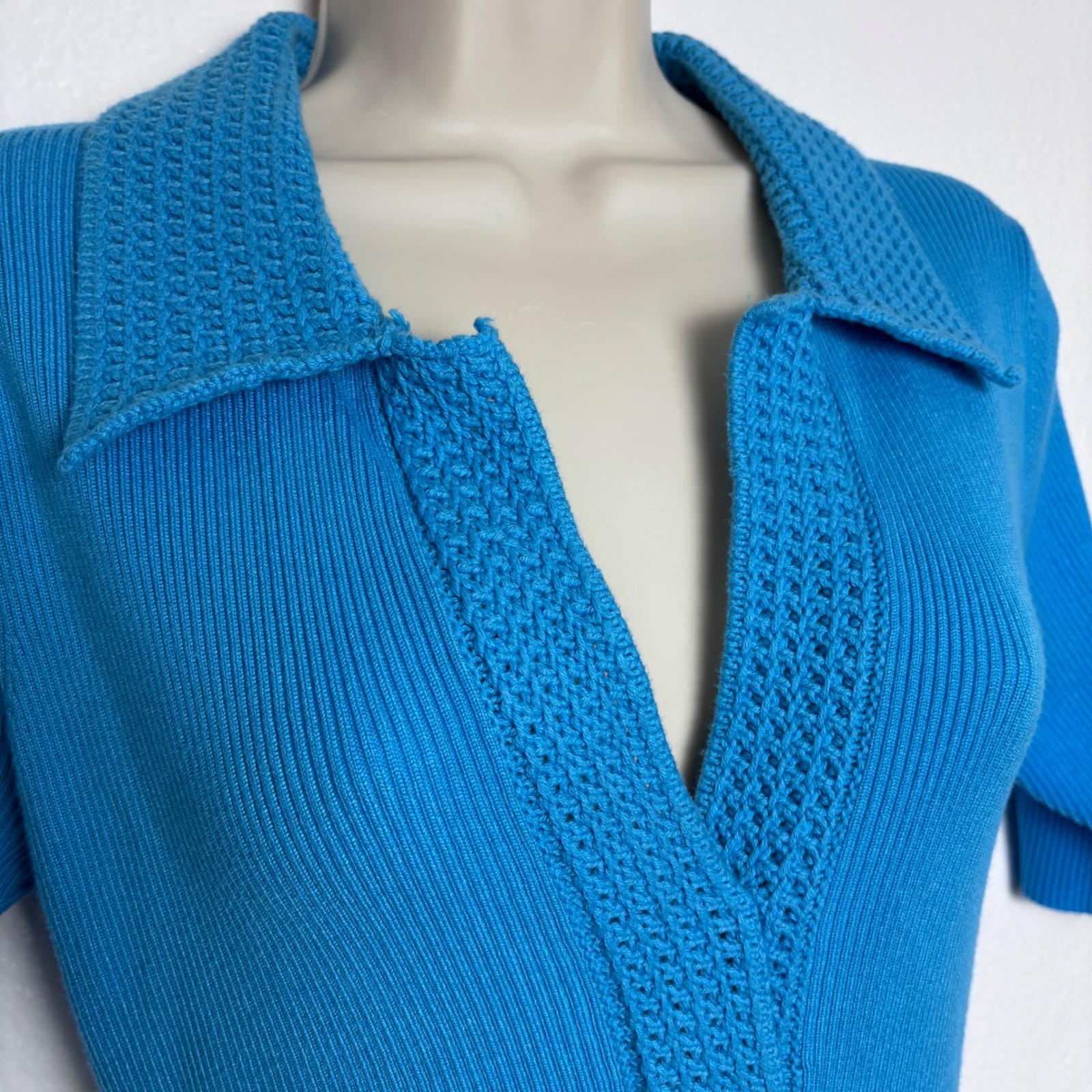 NWT Caroline Constas Ribbed Knit Maxi Bodycon Dress Blue Crochet Collar Sz L