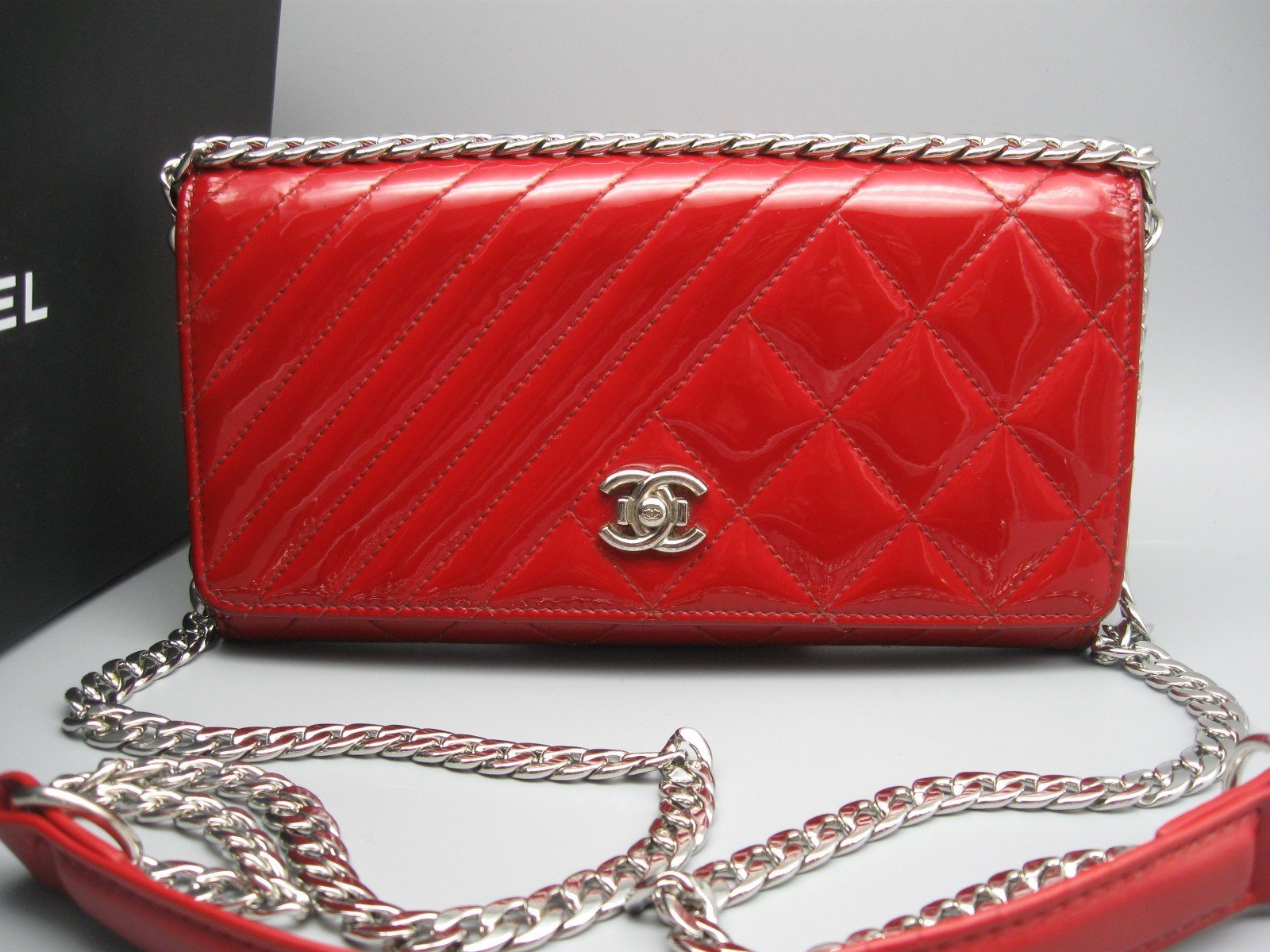 Authentic Chanel Red Patent Leather CC Logo Boy Wallet