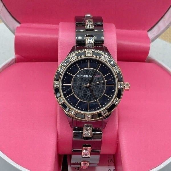 Isaac Mizrahi Live! Watch Ceramic Crystal Link Round Dial Black Rose Gold Tone