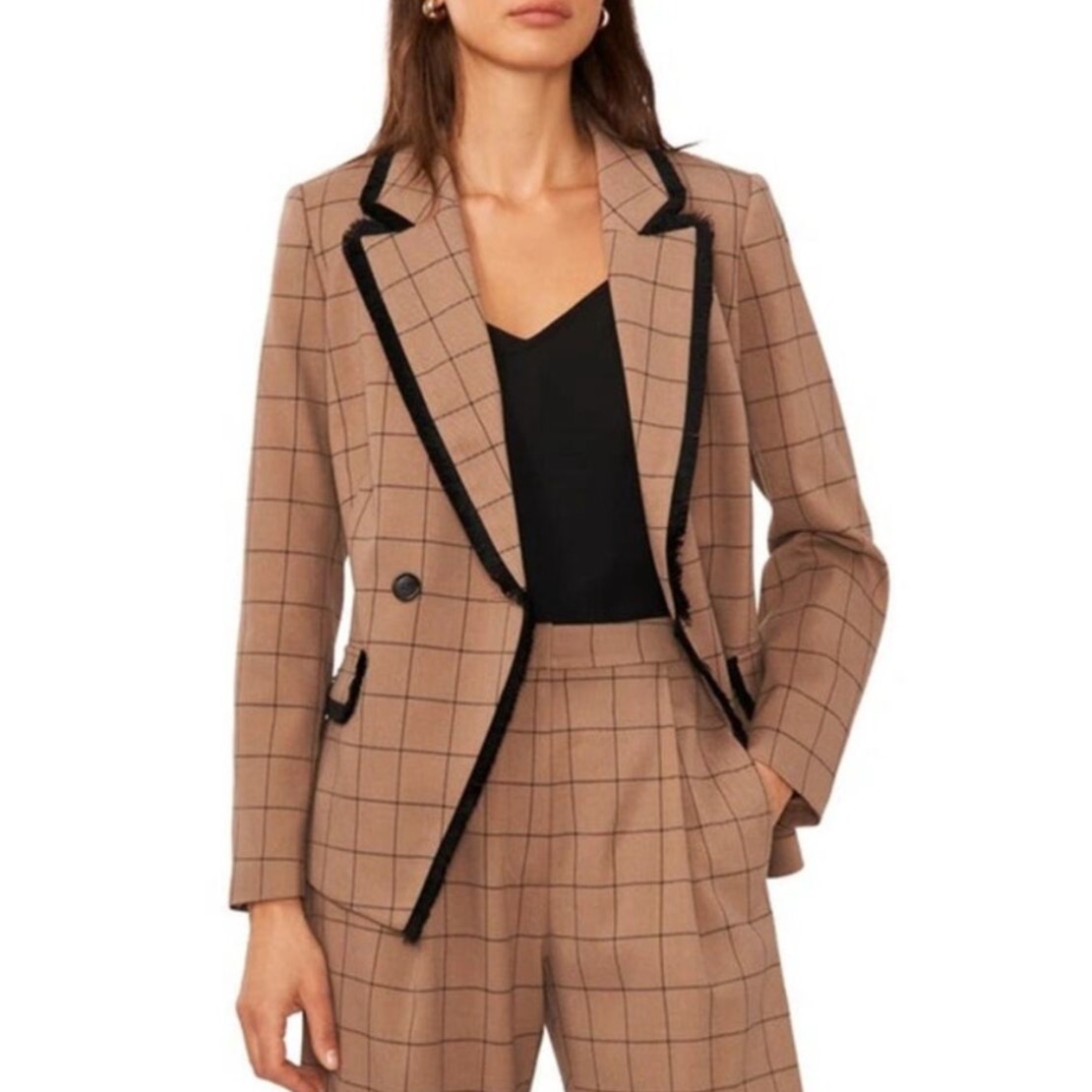Halogen Windowpane Fringe Trim Double Breasted Blazer Fallen Rock Tan Black 2X