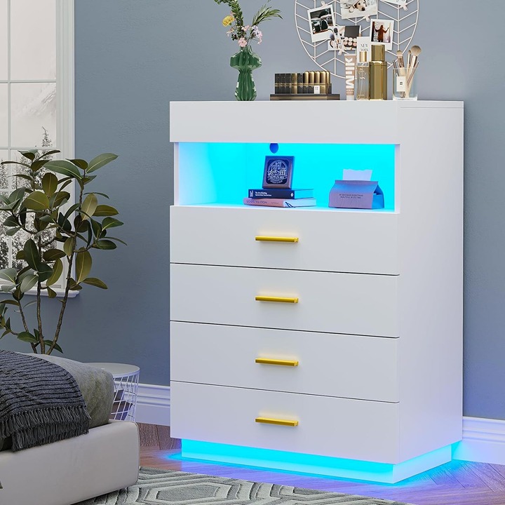 4 Drawer Floating Dresser Modern Bedroom Chest of Drawers with LED Light