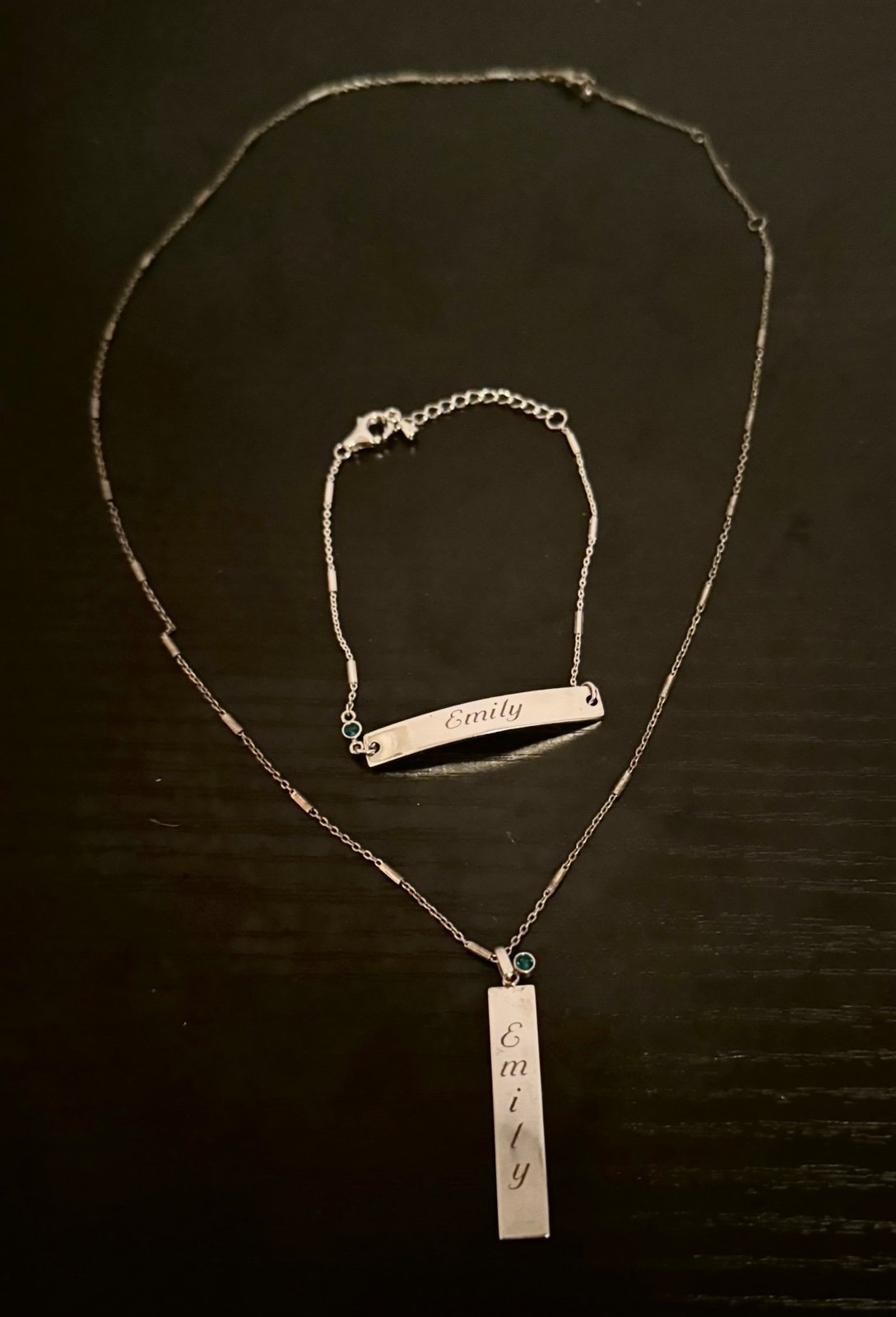 Silver Bracelet & Necklace Set with Faux Emerald Birthstone Charms - Engraved
