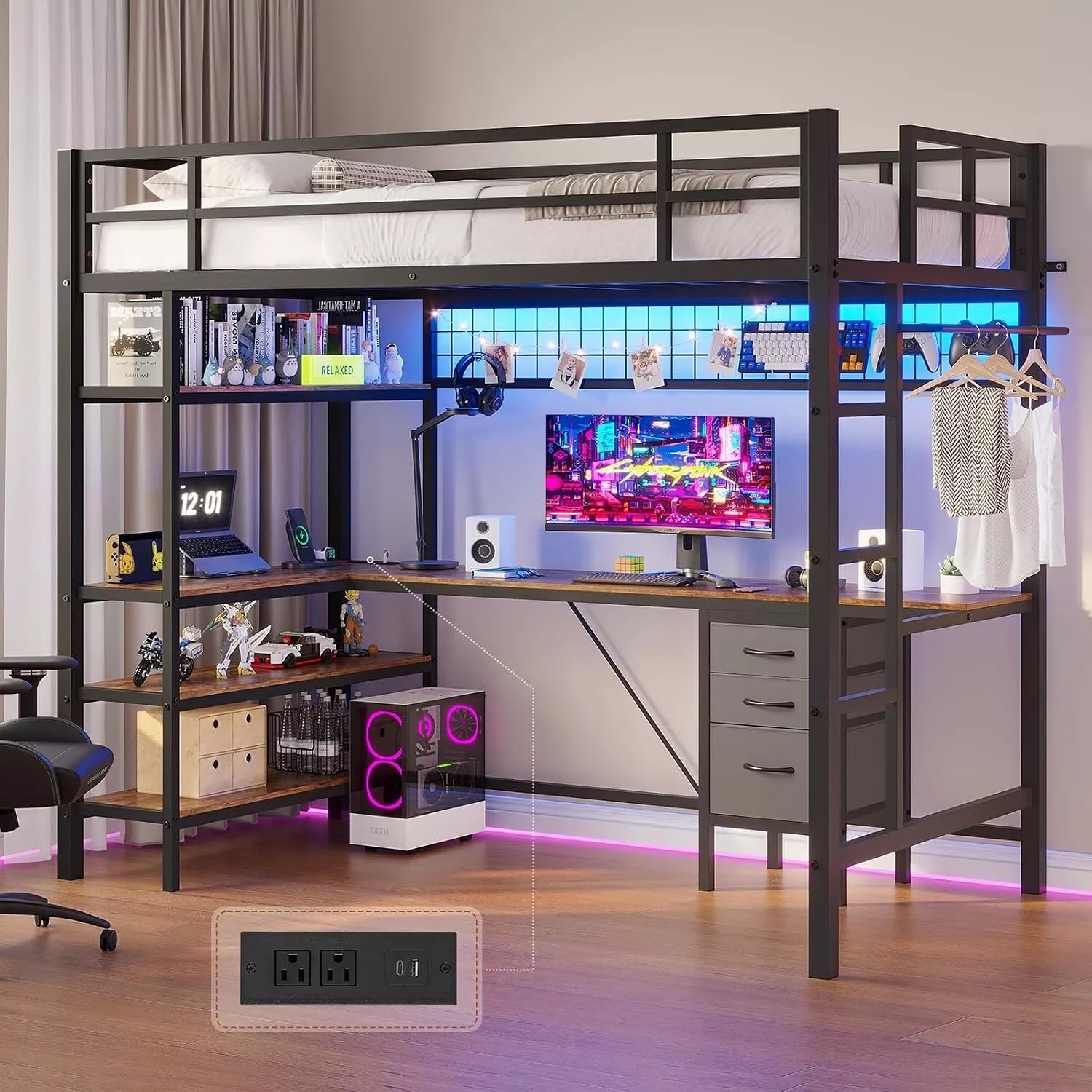Twin Size Loft Bed with L-Shaped Desk, LED Lights and 3 Fabric Drawers (Black)