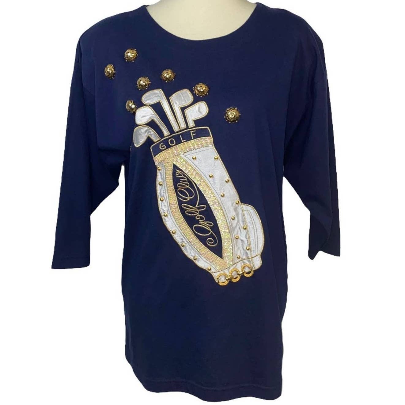 S/M VTG Gardy Drop Sleeve Oversized Embellished 3D GrannyCore Golf Shirt Tee Top