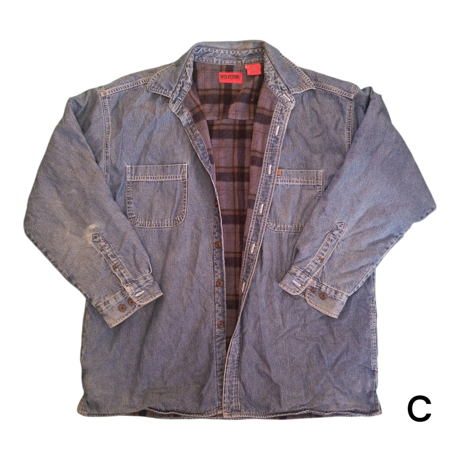 Vintage Wolverine Blue Denim Plaid Fleece Lined Jean Jacket Shacket Coat Men XL