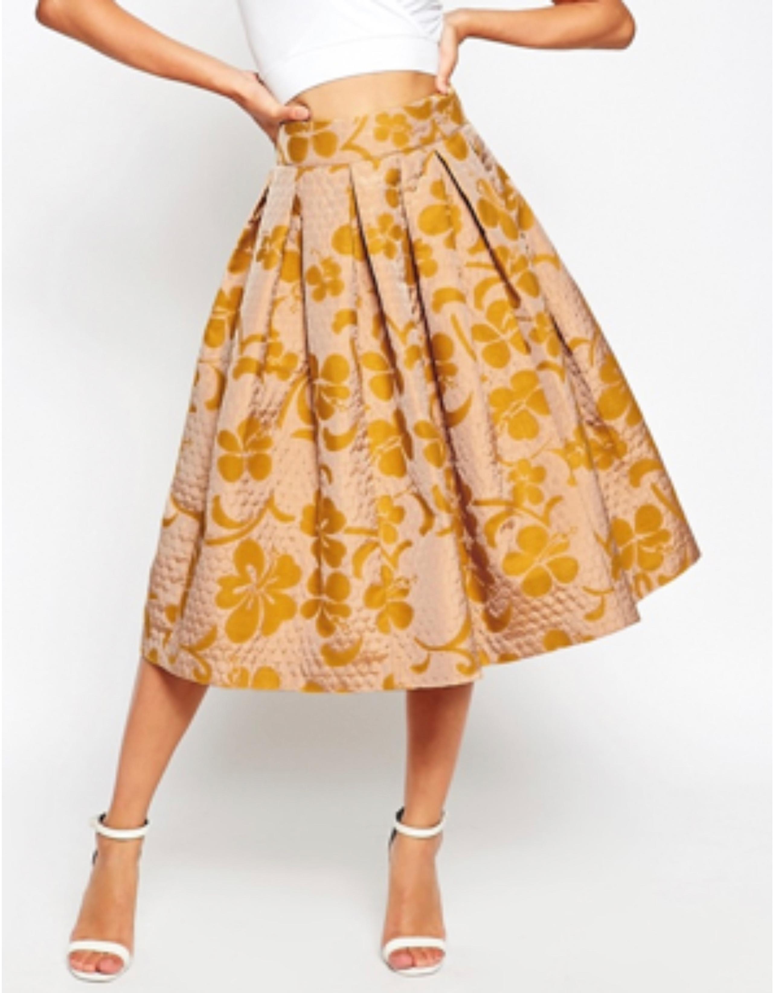 ASOS Yellow quilted floral full skirt, size 8 (runs small, measurements in pictu