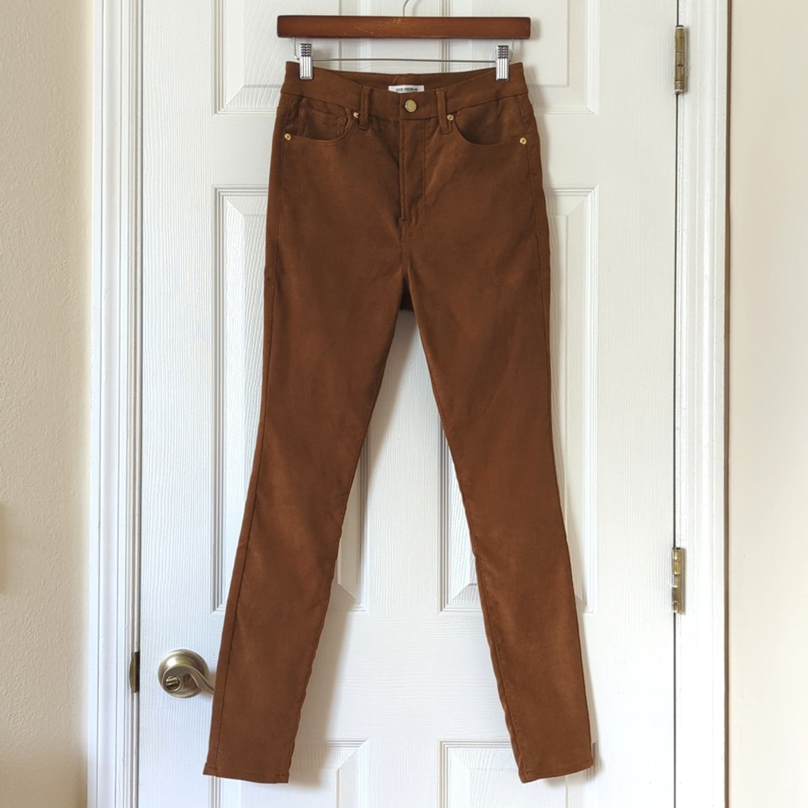 Good American Good Waist Faux Suede High Rise Cropped Skinny Pants Tobacco 6/28