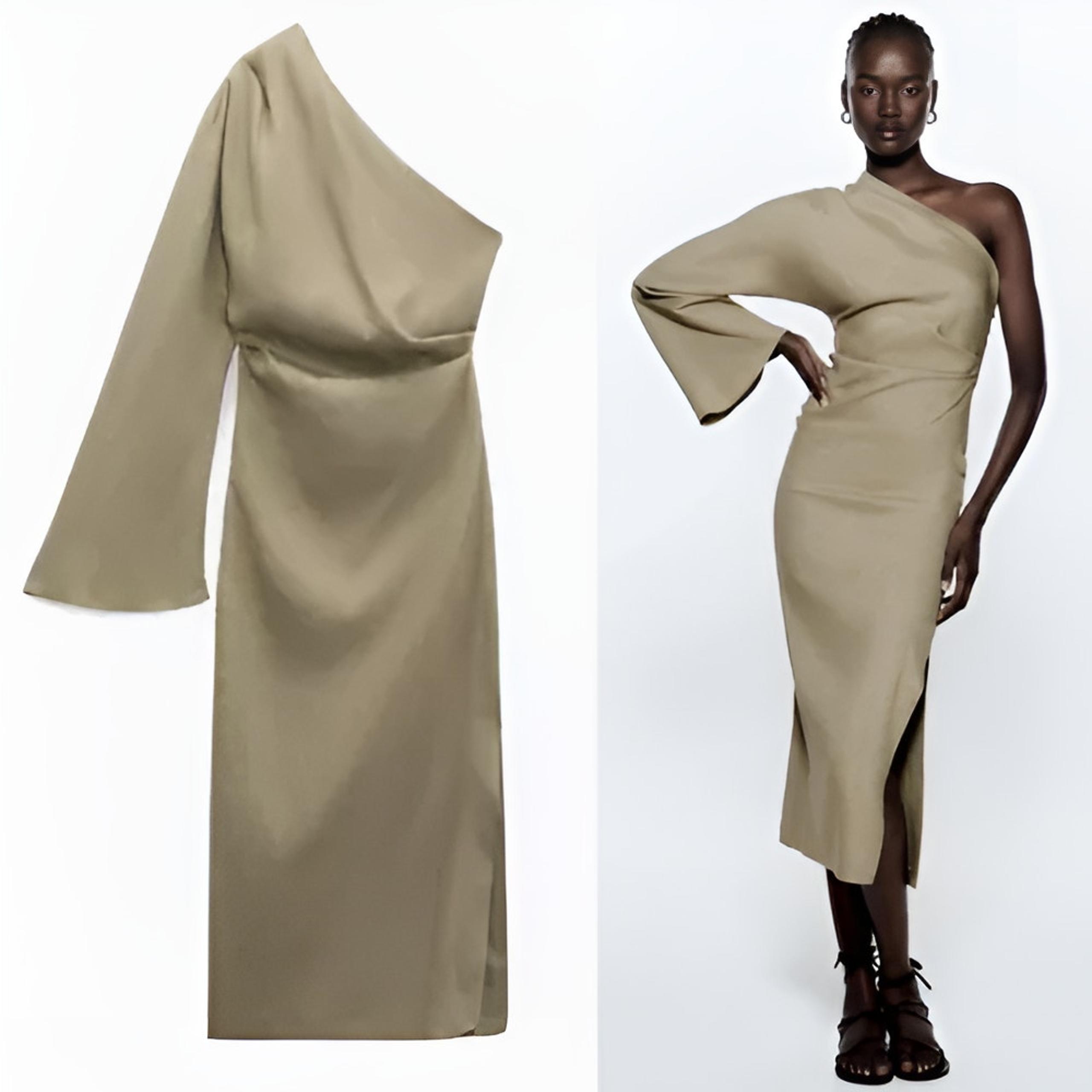 Zara Womens Beachy Blogger Favorite Linen Blend Asymmetric One Shoulder Dress M