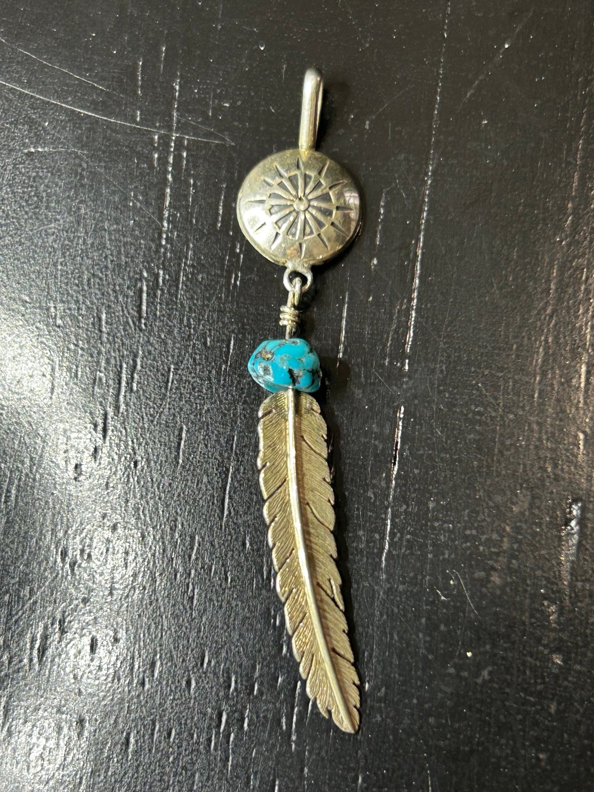 Sterling Silver 925 Ray G Navajo Pendant Feather Turquoise Vintage