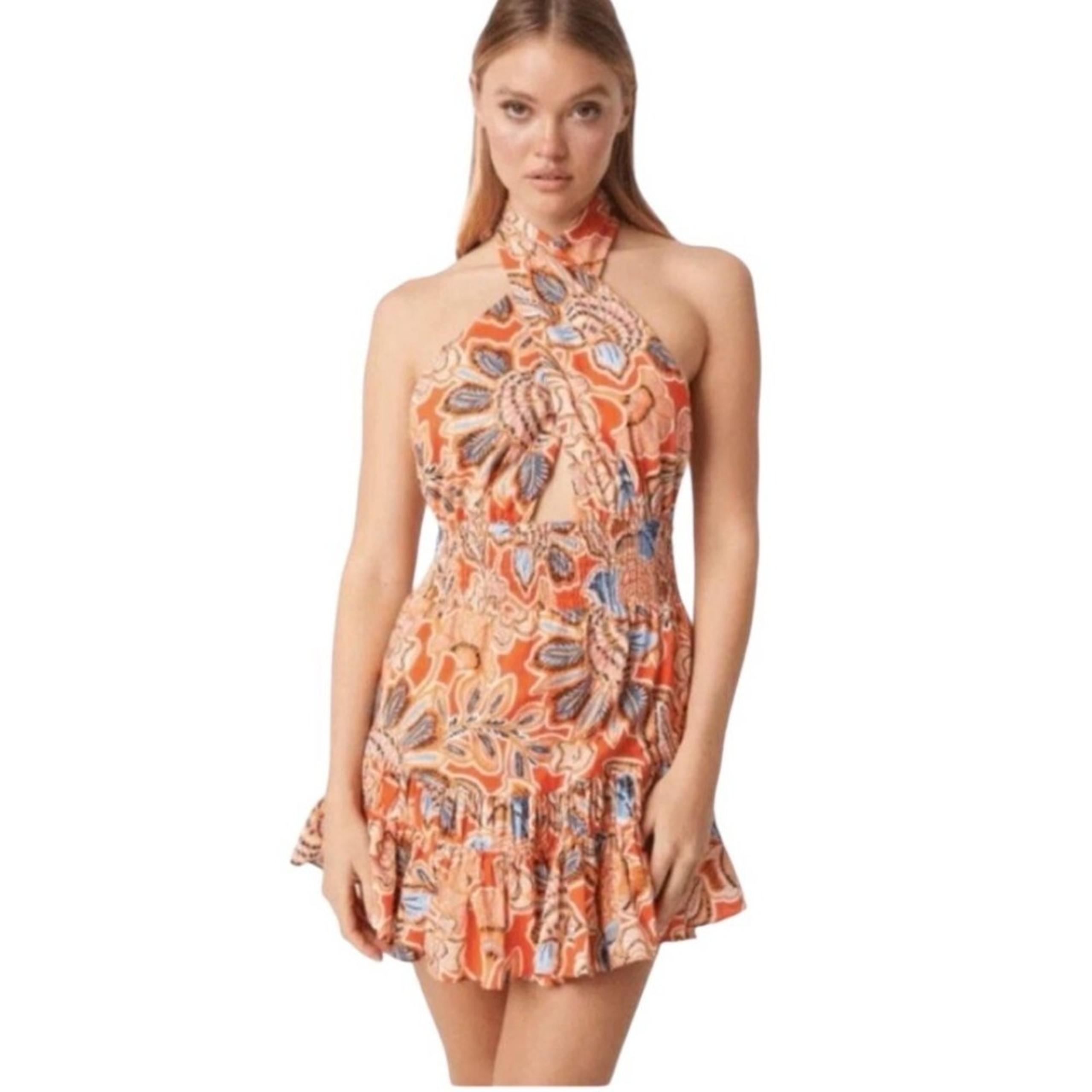 NWT MISA Los Angeles Tula Tangerine Flora Halter Mini Dress Medium Reg. $345