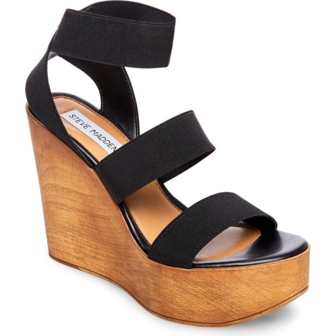 Steve Madden Black Blondy Wood Block Platform Wedge Elastic Stretch Sandals 7
