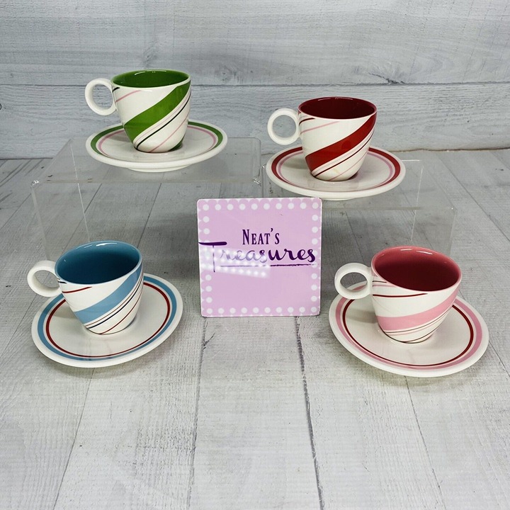Starbucks Holiday 2007 PEPPERMINT STRIPE Ceramic 3oz Espresso Cup & Saucer Set 4