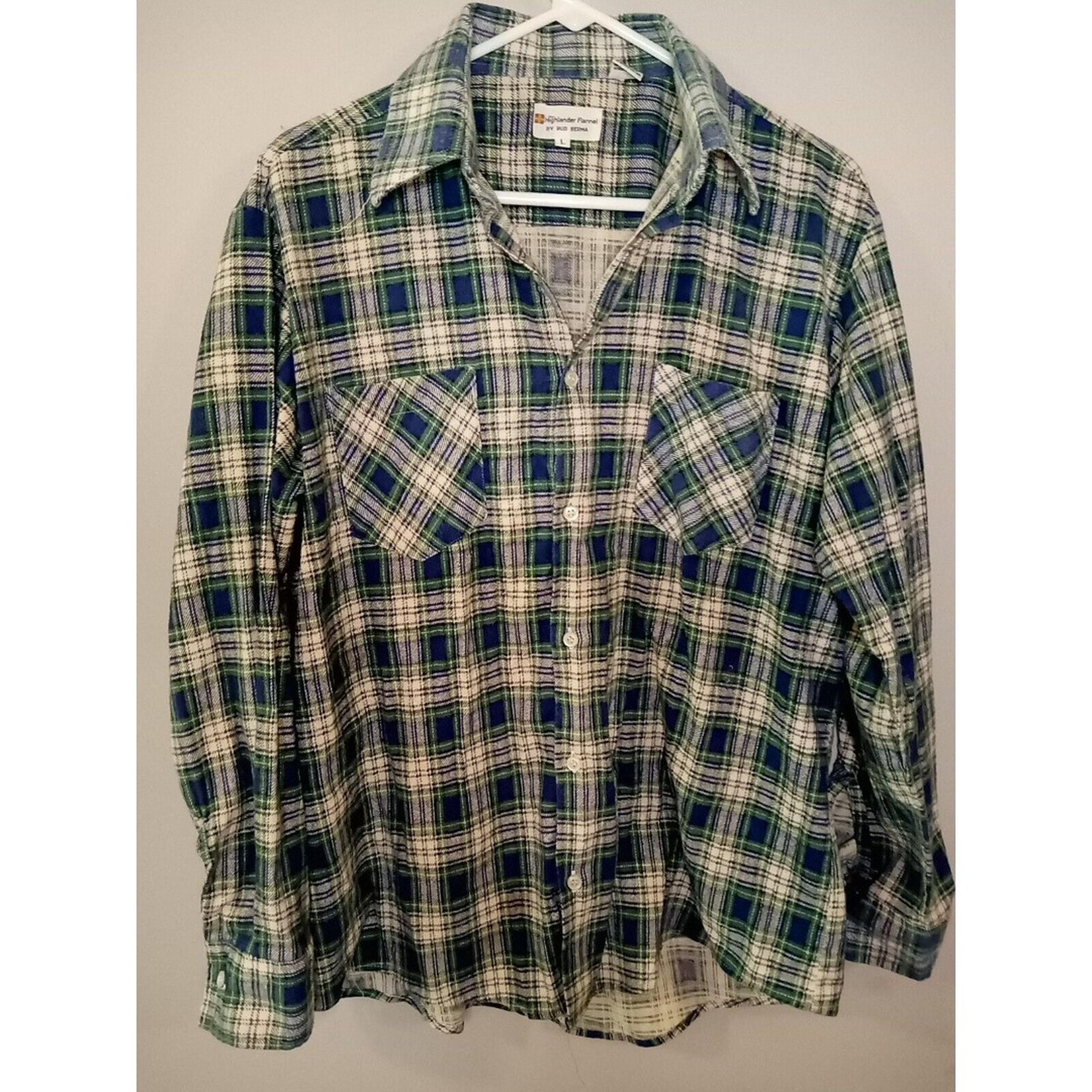 Vintage 70s Highlander by Bud Burma Mens Size L  Plaid Flannel Button Up Shirt