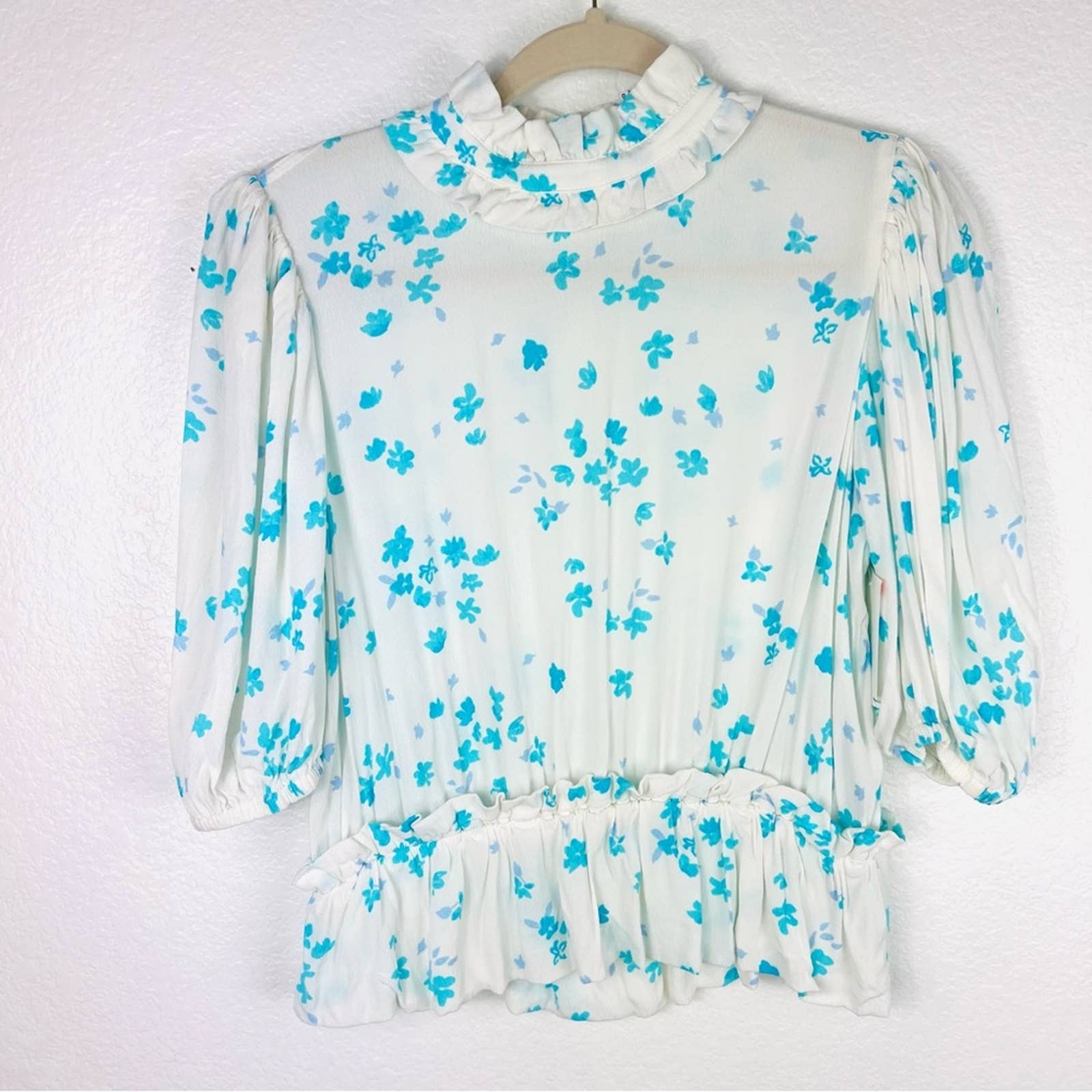 GANNI ruffle trimmed print crepe blouse size US 8-10