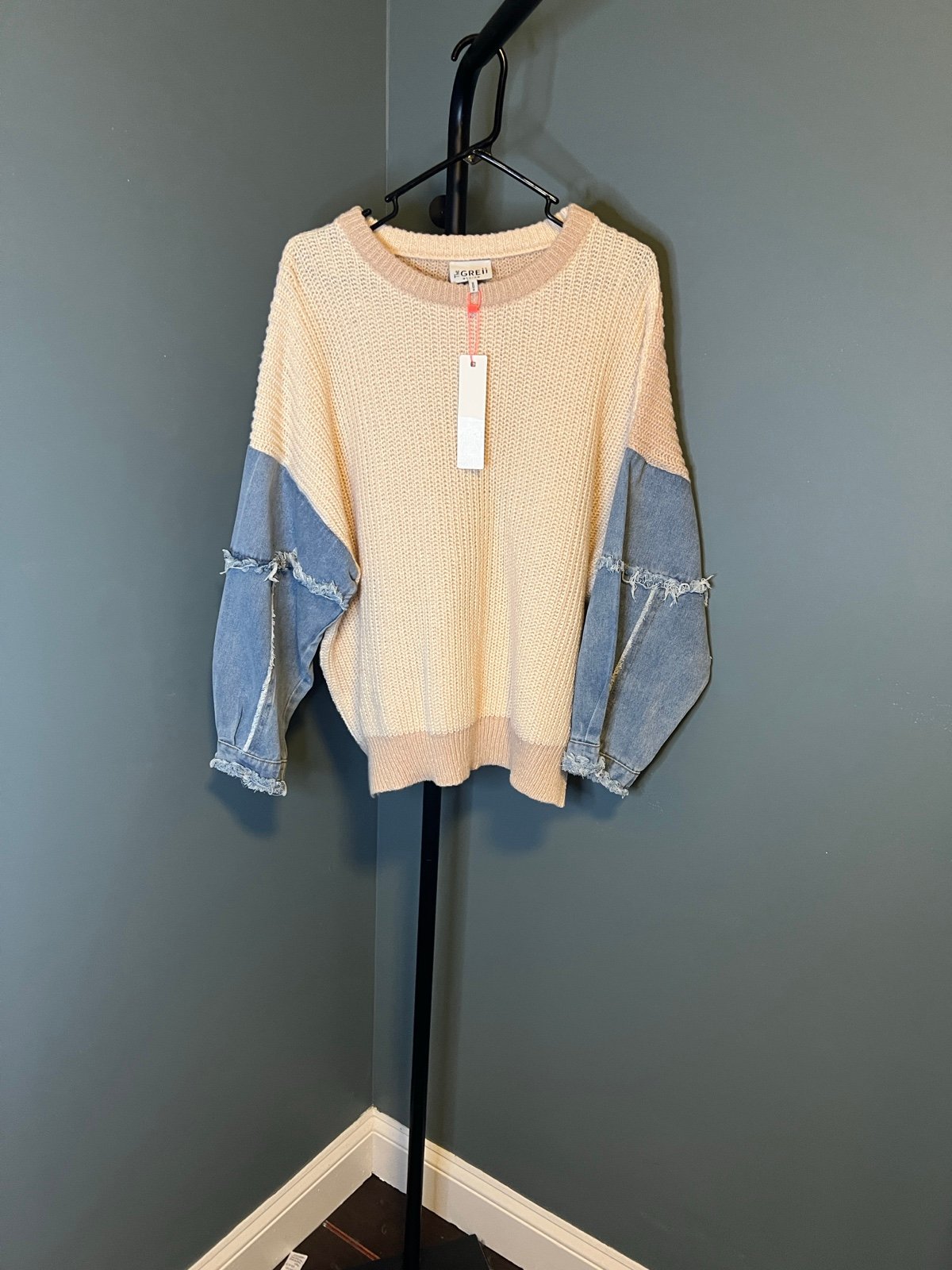 Oversized Cream and Denim Women's Crew Neck Sweater