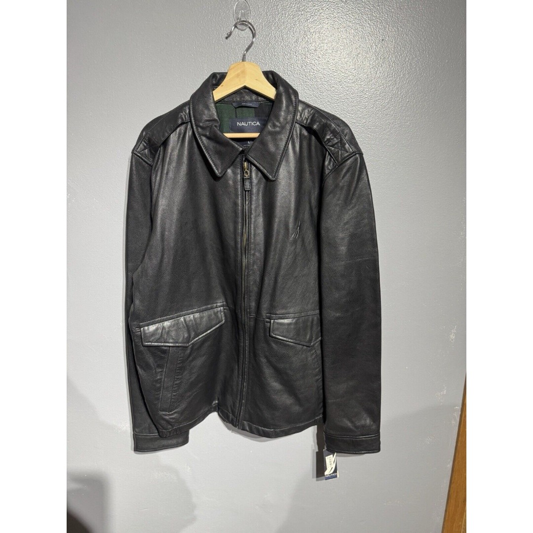 MENS Nautica Black Genuine Leather Jacket NWT 100% COTTON VINTAGE