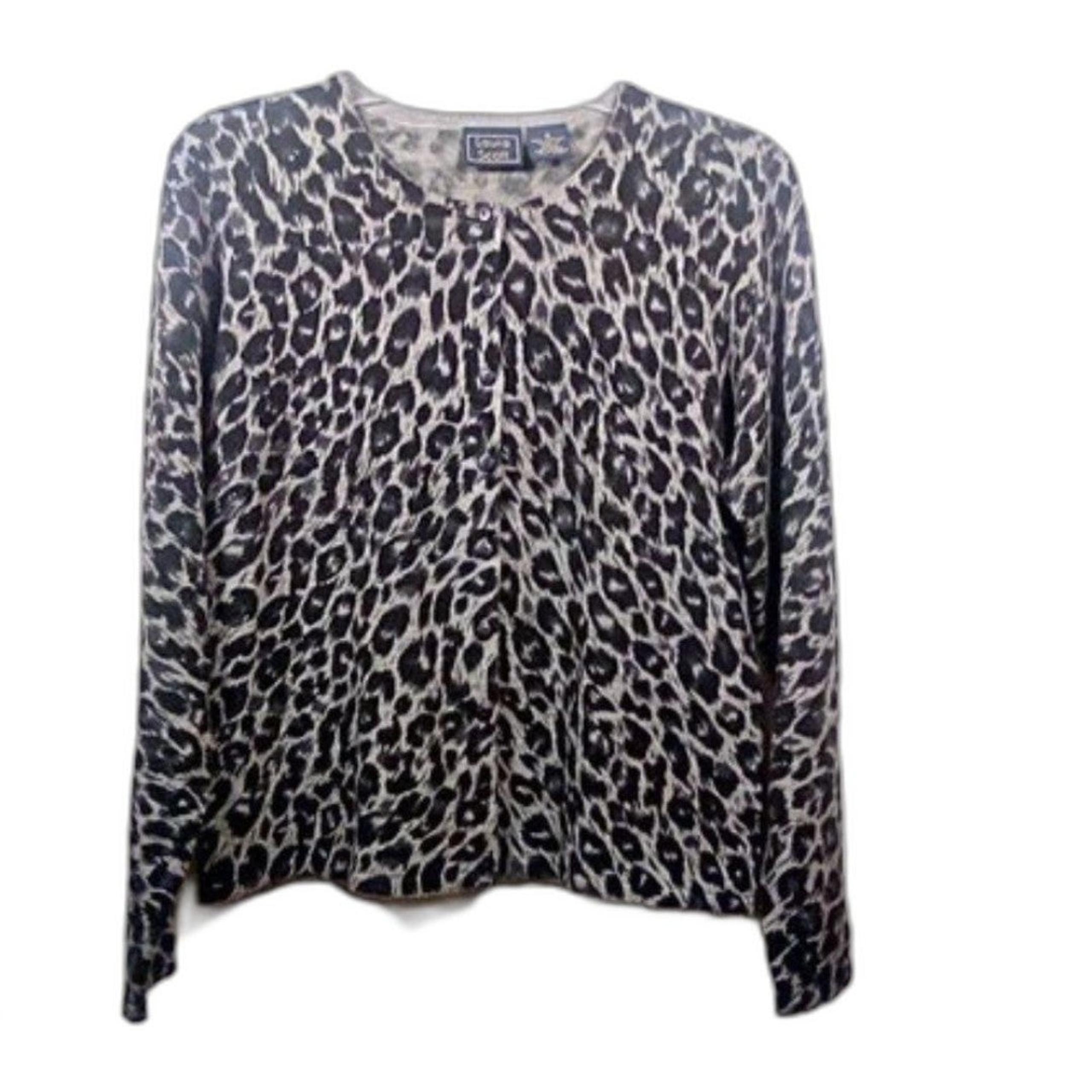 Laura Scott Grey & Black Animal Print Women’s Cardigan Sweater Size Small