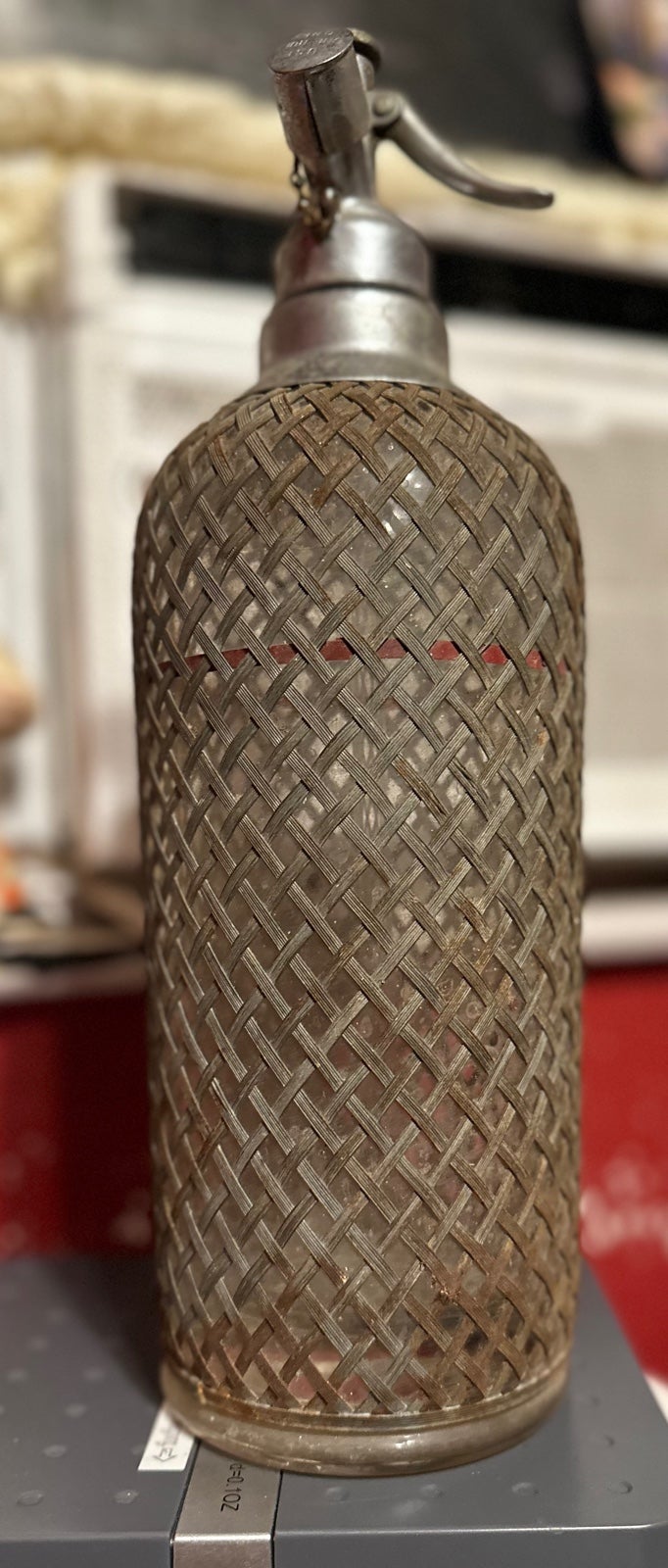 VINTAGE RED LINE SELTZER SYPHON BOTTLE METAL MESH WRAPPED GLASS