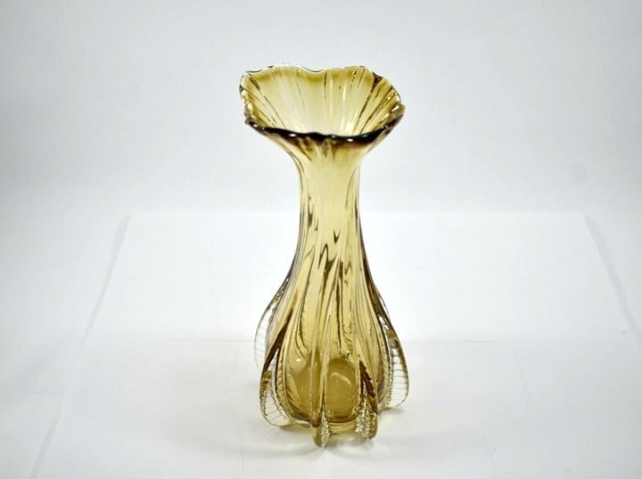 VTG MCM Barovier Venetian Amber Glass Vase with Clear Applied Ribs 9.75 Tall