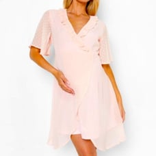 NWT BOOHOO MATERNITY DOBBY PINK RUFFLE WRAP SKATER DRESS Size 6