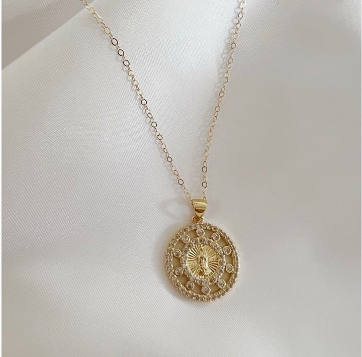 Prayer Mary Religious Pendant Necklace Gold Filled
