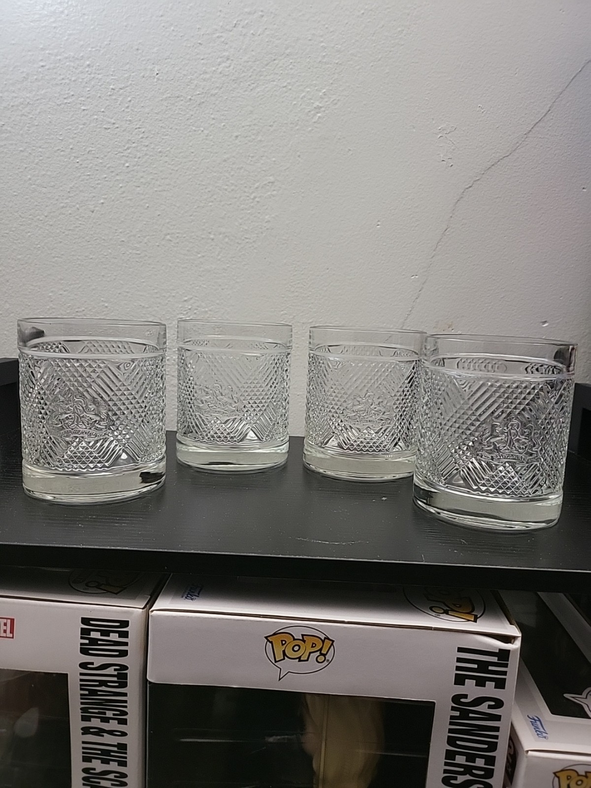 Ralph Lauren Safari Lion Crest Plaid Clear Crystal Rocks Glassware Lot Of 4 (G)