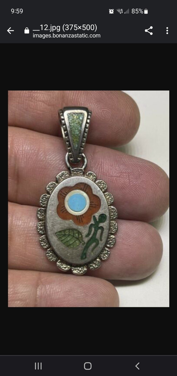 Turquoise Coral Malachite Kachina Flower Silver Pendant Necklace