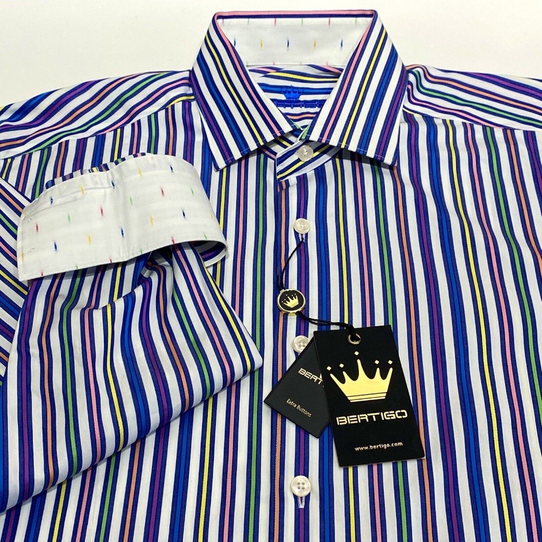Bertigo Shirt Orion/05 Mens Large Button-Up Flip Cuff Multicolor Stripe Rainbow