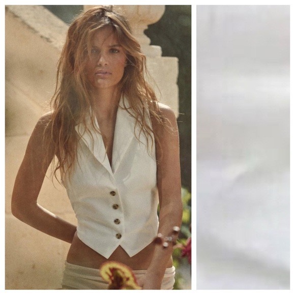 NWT. Zara Ecru Viscose Blend Cut-Out Waistcoat with V-Neck. Size L.