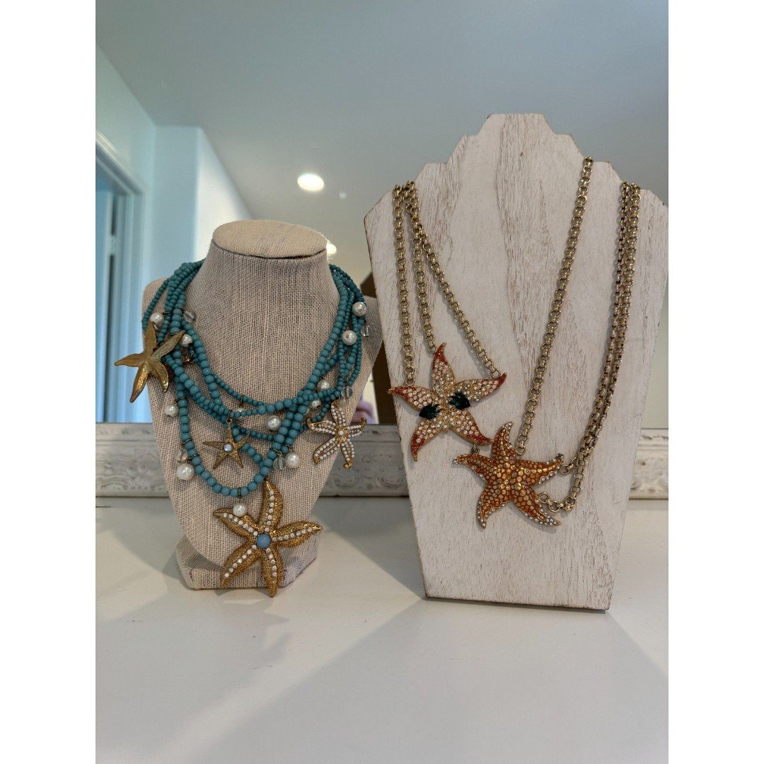 Set of 2 Starfish Gold Turquoise Layered Beach Coastal Statement Necklaces