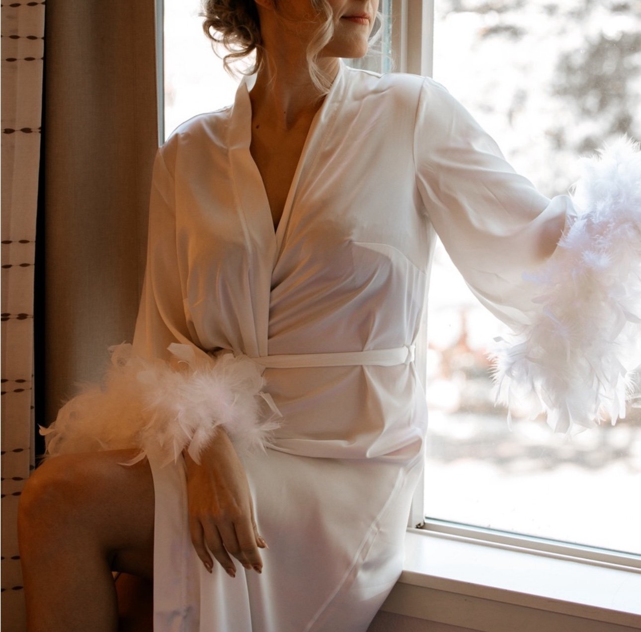 Feather Trim Silk Robe