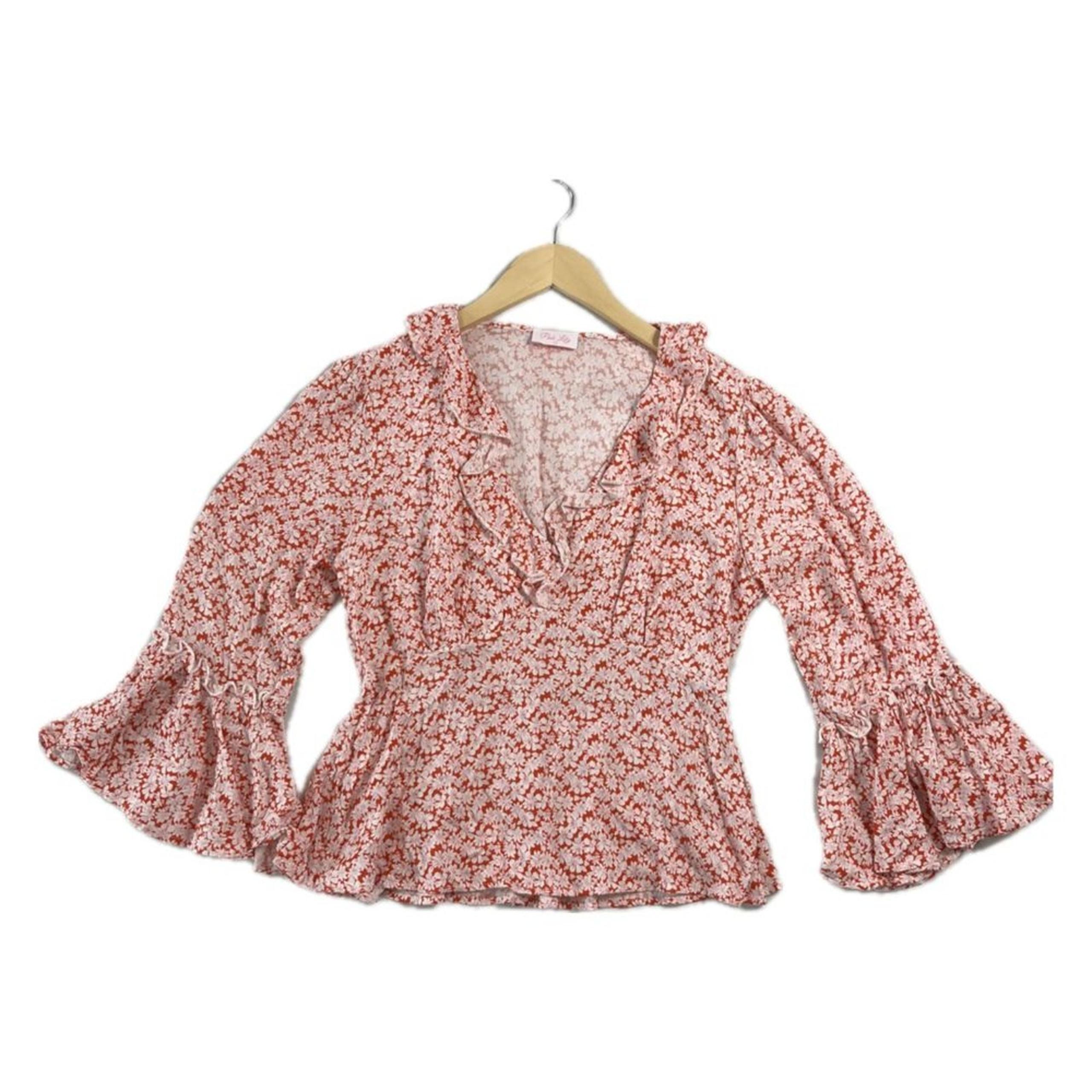 Pink Lilly Women's Small Bell Sleeve Blouse Floral Ruffles Flowy V-Neck