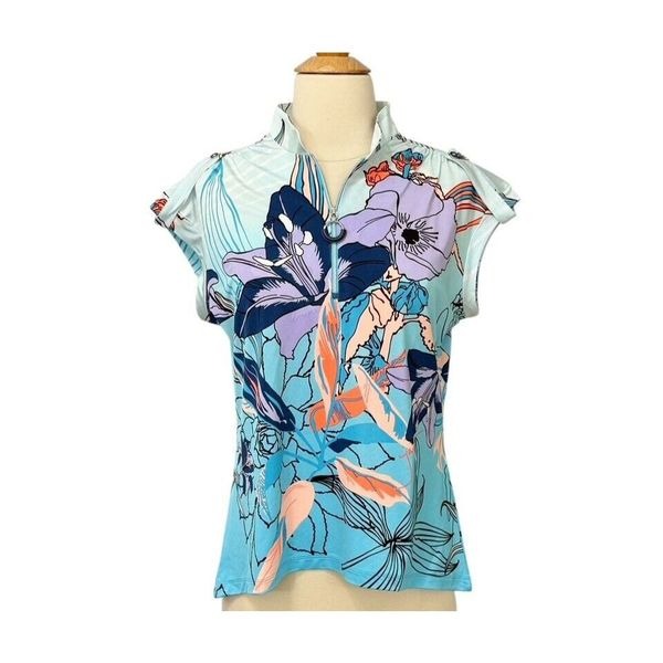 Jamie Sadock Ikebana Golf Top Sleeveless Floral Cadiz Blue Size M Tropical Iris