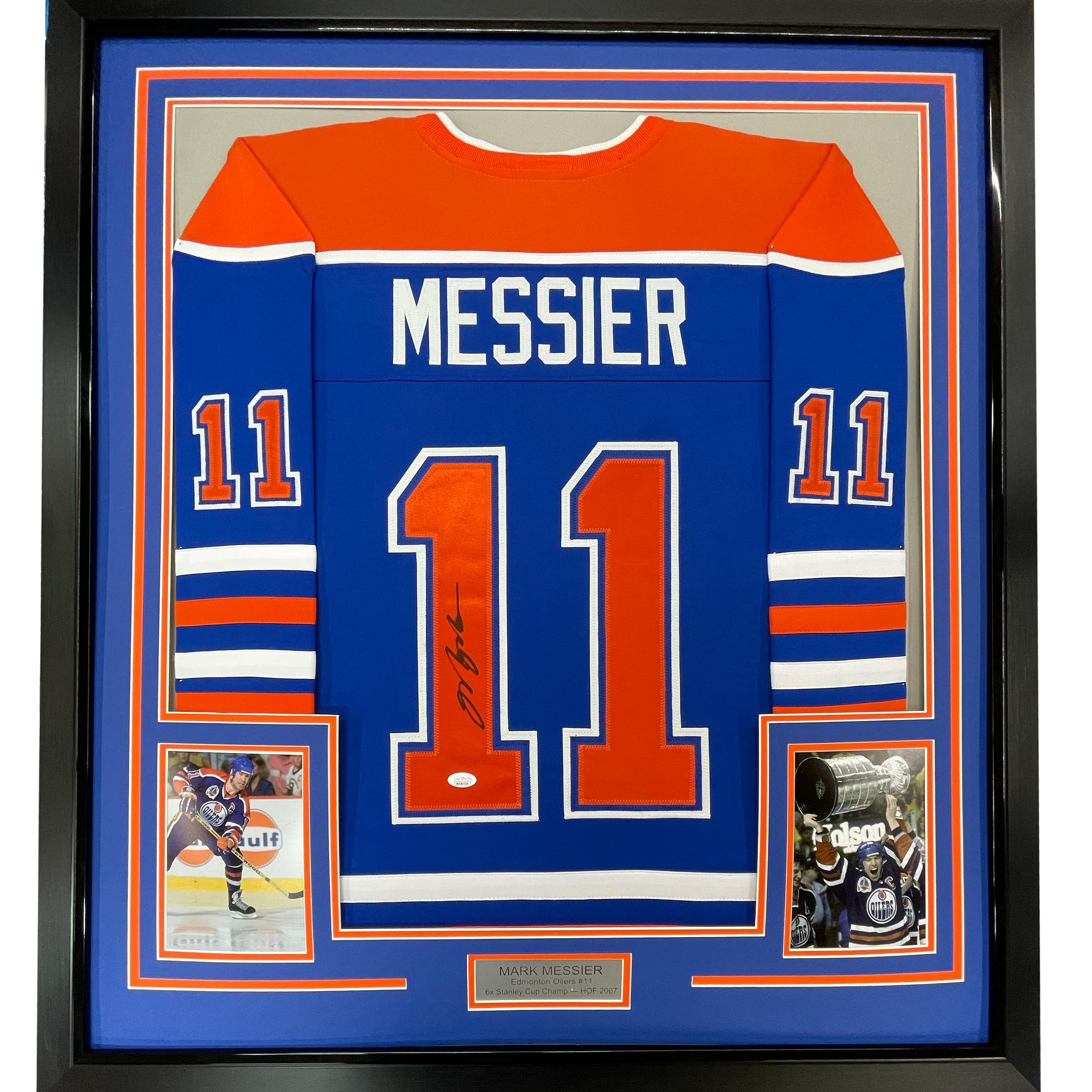 Framed Autographed/Signed Mark Messier 35x39 Edmonton Blue Jersey JSA COA